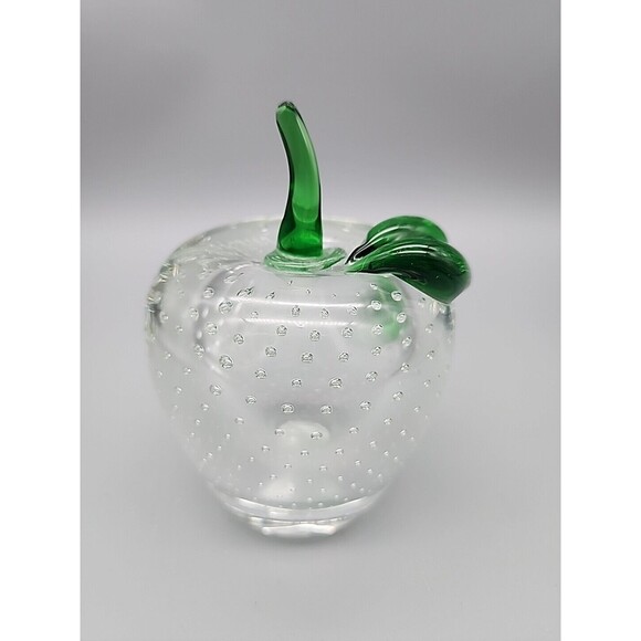 Art Glass Apple Bullicante Paperweight Clear Green Stem 4.5" Contolled Bubbles - Picture 3 of 12